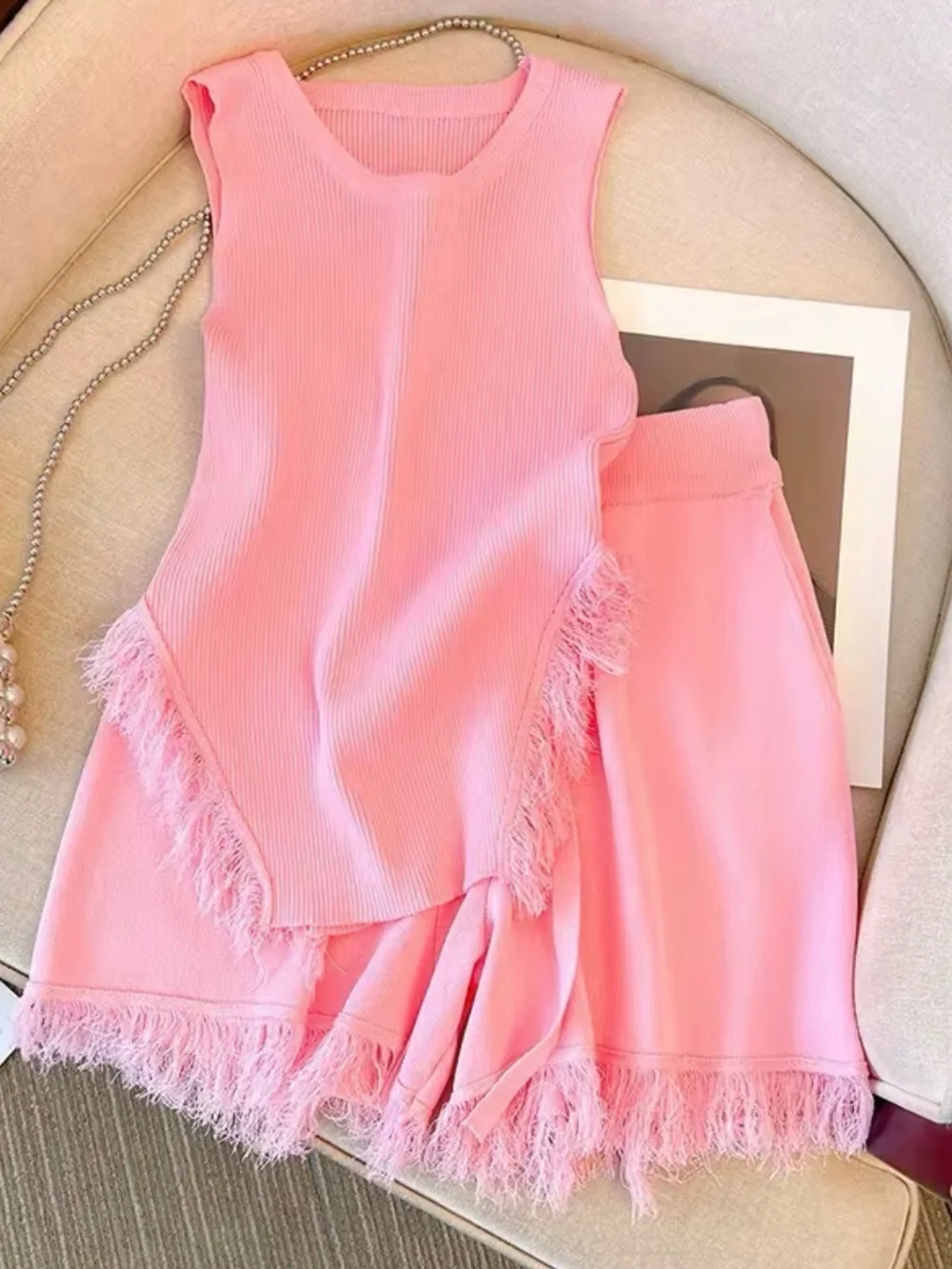 Pink Fringe Two-Piece Tank & Shorts Set